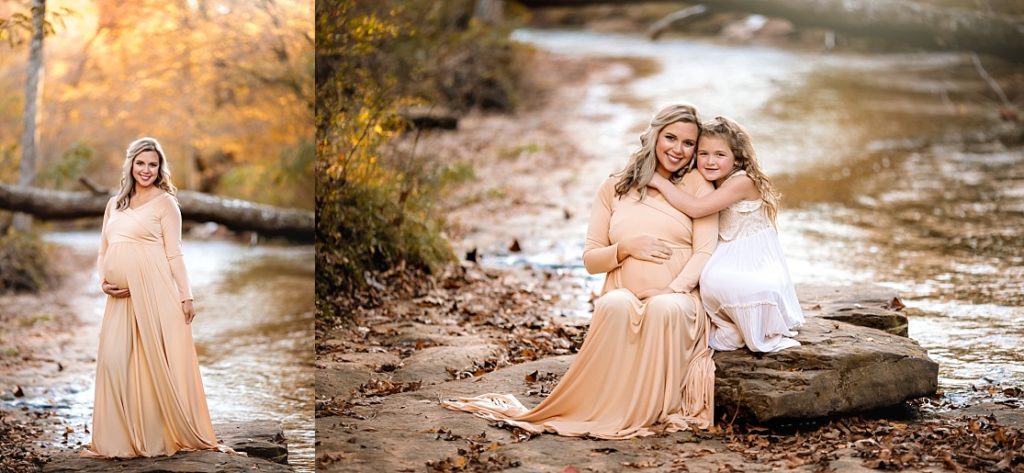A mother and daughter pose for creek maternity photos in a gorgeous location near Birmingham.