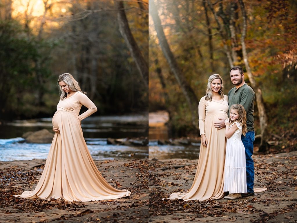 Family and mother pose for creek maternity photos in a gorgeous location near Birmingham.
