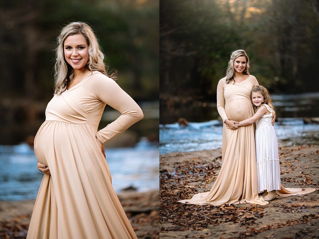 A mother and daughter pose for creek maternity photos in a gorgeous location near Birmingham.