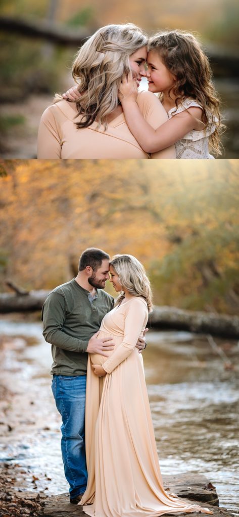 A family poses for creek maternity photos in a gorgeous location near Birmingham.